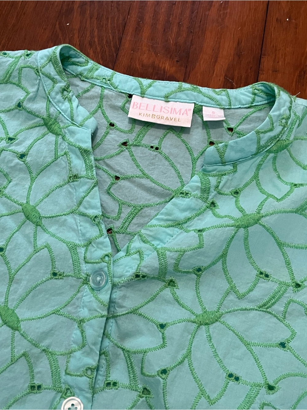 Bellisima Kim Gravel Women’s Light Green Blue Embroidered Button-Down Top Small